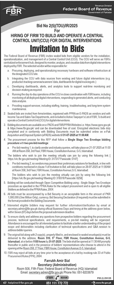 Federal Board of Revenue Islamabad Tender Notice